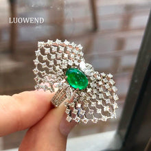 Load image into Gallery viewer, LUOWEND 18K White Gold Natural Emerald Ring for Women
