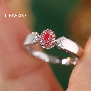 LUOWEND  18K White Gold Real Natural Pink Diamond Ring for Women