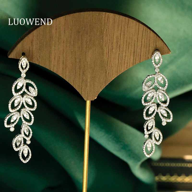 LUOWEND 18K White Gold Natural Diamond Drop Earrings for Women