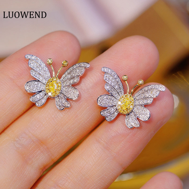 LUOWEND 18K White Gold Real Natural Yellow Diamond Stud Earrings for Women