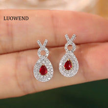 Load image into Gallery viewer, LUOWEND 18K White Gold Real Natural Diamond and Ruby Earrings for Women

