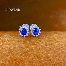 Load image into Gallery viewer, LUOWEND 18K White Gold Natural Diamond and Sapphire Earrings for Women
