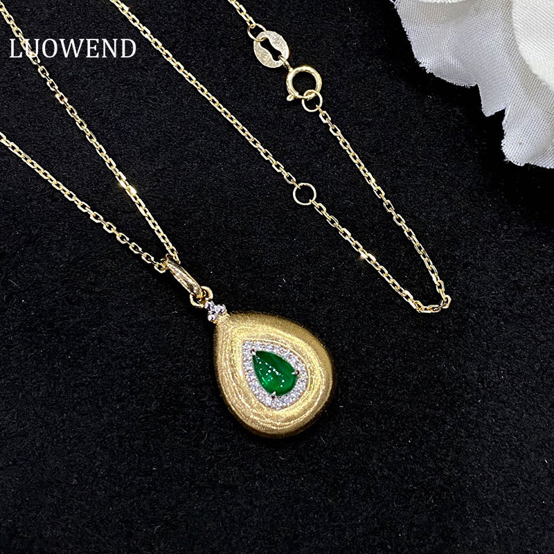 LUOWEND 18K White and Yellow Gold Real Natural Emerald Gemstone Necklace for Women