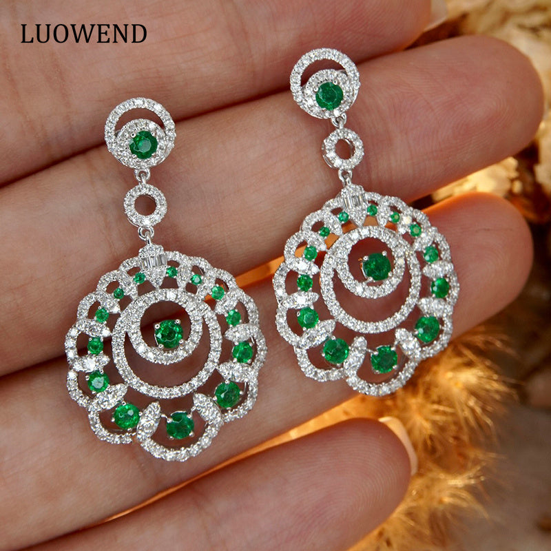 LUOWEND 18K White Gold Real Natural Emerald and Diamond Drop Earrings for Women