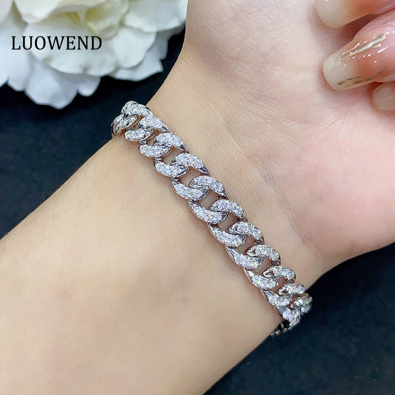 LUOWEND 18K White Gold Real Natural Diamond Bracelet for Women