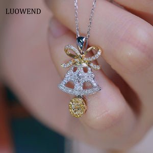 LUOWEND 18K White Gold Real Natural Yellow Diamond Pendant Necklace for Women