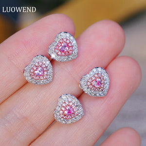 LUOWEND 18K White Gold Real Natural Pink Diamond Stud Earrings for Women