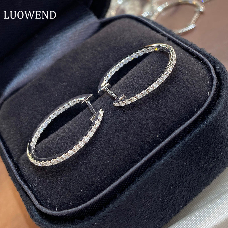 LUOWEND 18K White Gold Real Natural Diamond Hoop Earrings for Women