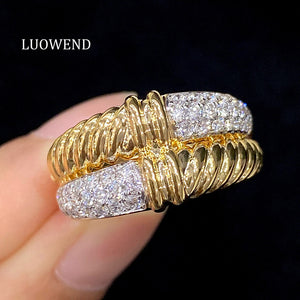 LUOWEND 18K White+Yellow Gold Natural Diamond Ring for Women