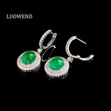 Load image into Gallery viewer, LUOWEND 18K White Gold Real Natural Emerald and Diamond Gemstone Earrings for Women
