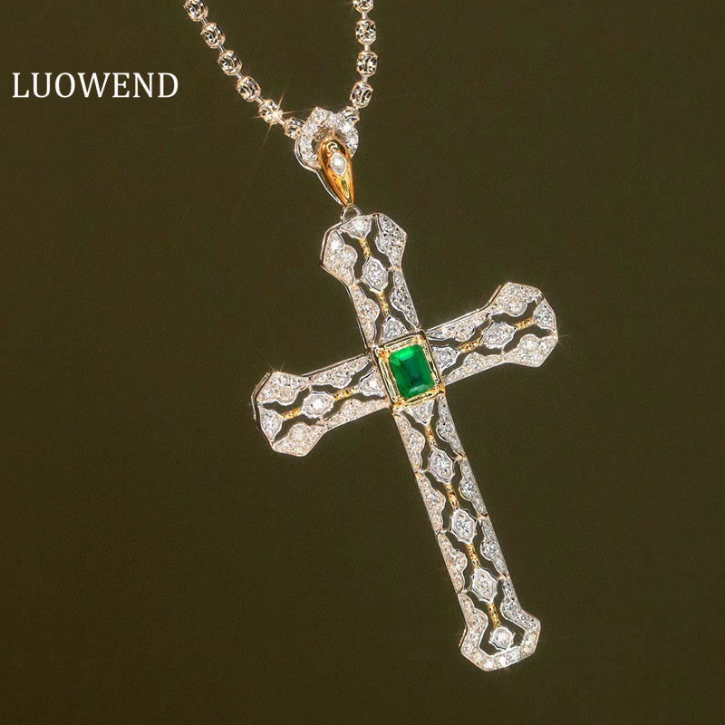 LUOWEND 18K White and Yellow Gold Real Natural Emerald Necklace for Women