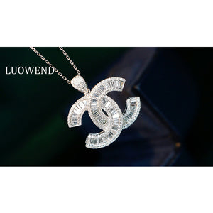 LUOWEND 18K White Gold Medium Size Natural Diamond Necklace for Women