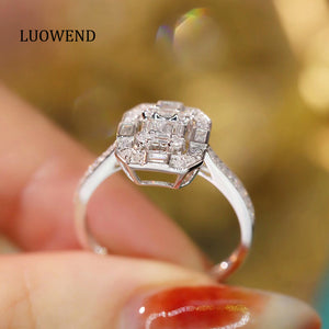 LUOWEND 18K White Gold Real Natural Diamond Ring for Women