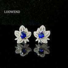 Load image into Gallery viewer, LUOWEND 18K White Gold Natural Diamond and Sapphire Earrings for Women
