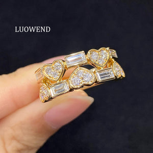 LUOWEND 18K Yellow Gold Natural Diamond Ring for Women