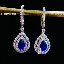Load image into Gallery viewer, LUOWEND 18K White Gold Real Natural Sapphire and Diamond Earrings for Women

