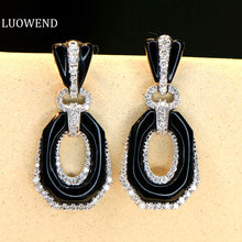 Load image into Gallery viewer, LUOWEND 18K White Gold Natural Black Onyx Earrings for Women
