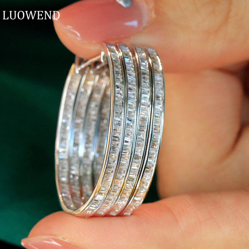 LUOWEND 18K White Gold Real Natural Diamond Hoop Earrings for Women