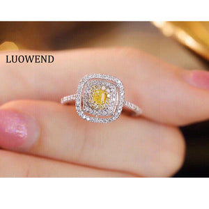 LUOWEND 18K White Gold Real Natural Yellow Diamond Ring for Women