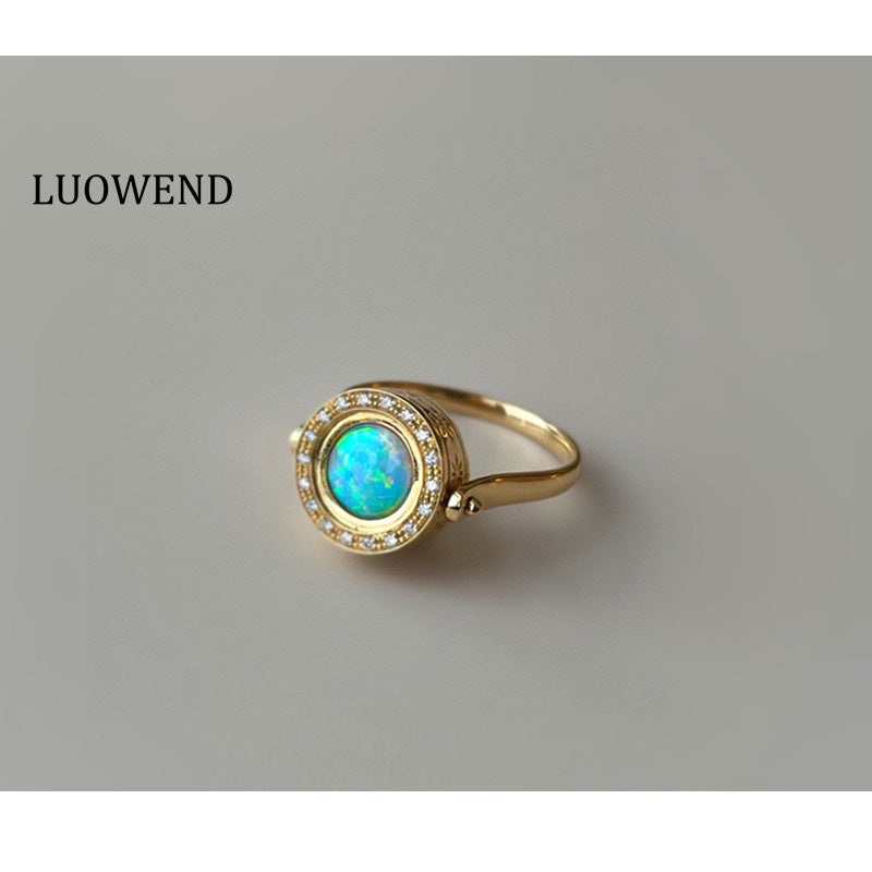 LUOWEND 18K Yellow Gold Natural Opal Ring for Women