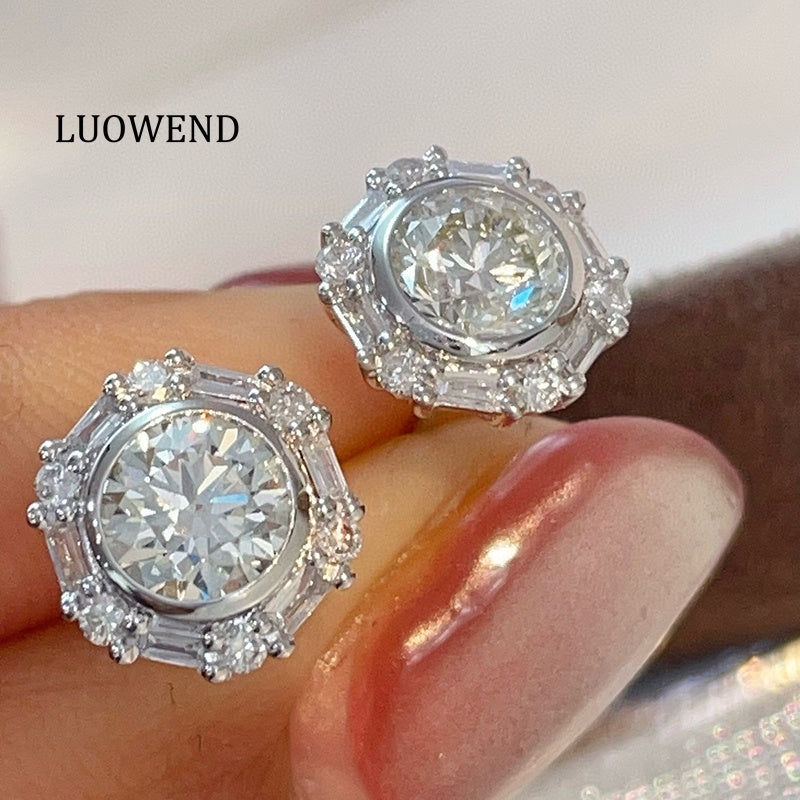 LUOWEND 18K White Gold Natural Diamond Earrings for Women