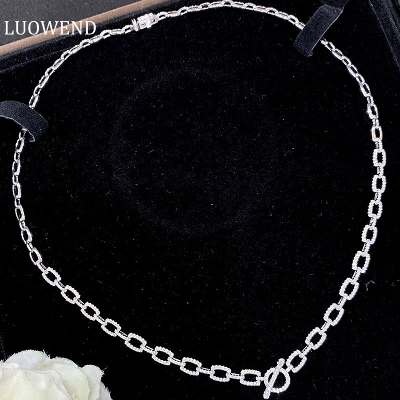 LUOWEND 18K White Gold Real Natural Diamond Necklace for Women
