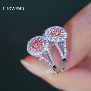 LUOWEND 18K White Gold Real Natural Pink Diamond Ring for Women