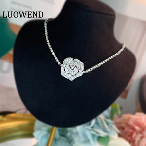 LUOWEND 18K White Gold Real Natural Diamond Necklace for Women