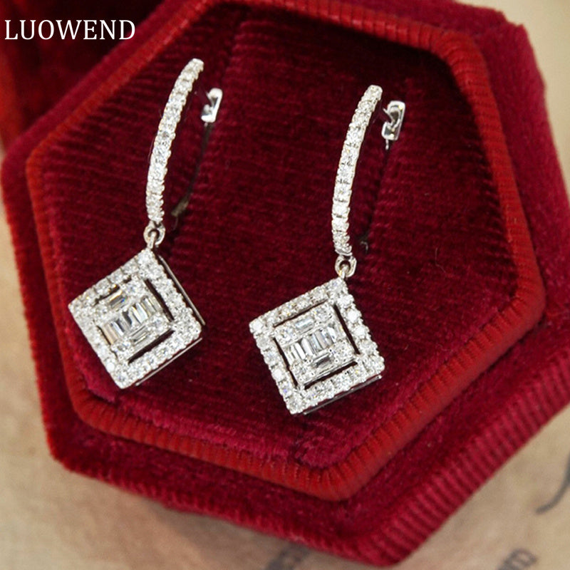 LUOWEND 18K White Gold Real Natural Diamond Drop Earrings for Women