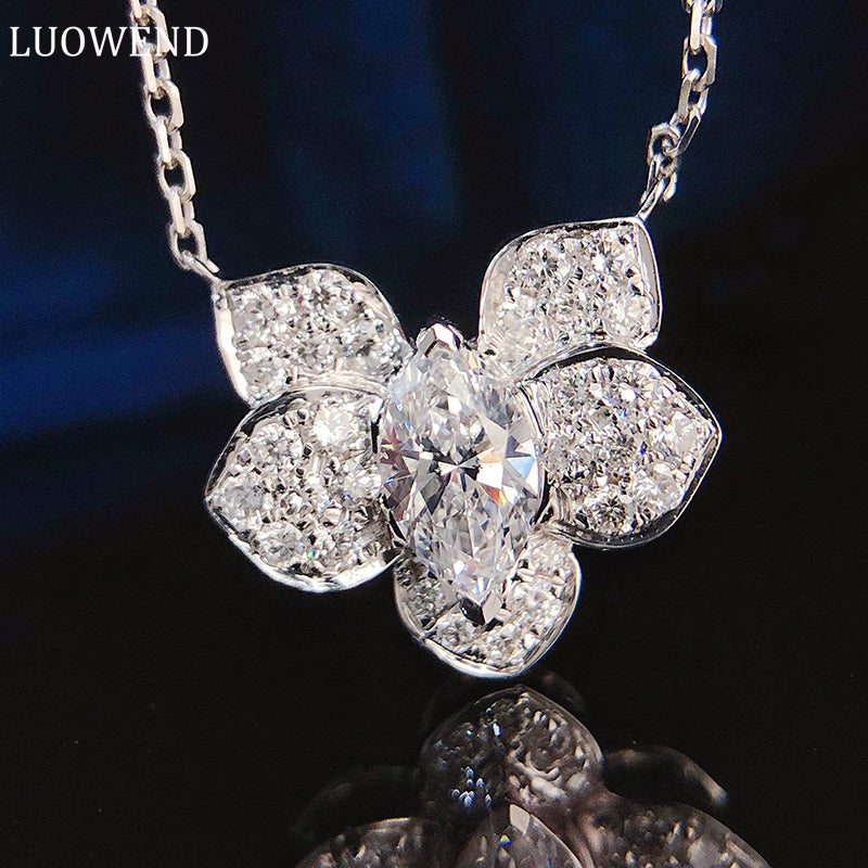 LUOWEND 18K White Gold Real Natural Diamond Pendant Necklace for Women