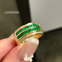 Load image into Gallery viewer, LUOWEND 18K Yellow Gold Natural Emerald Ring for Women
