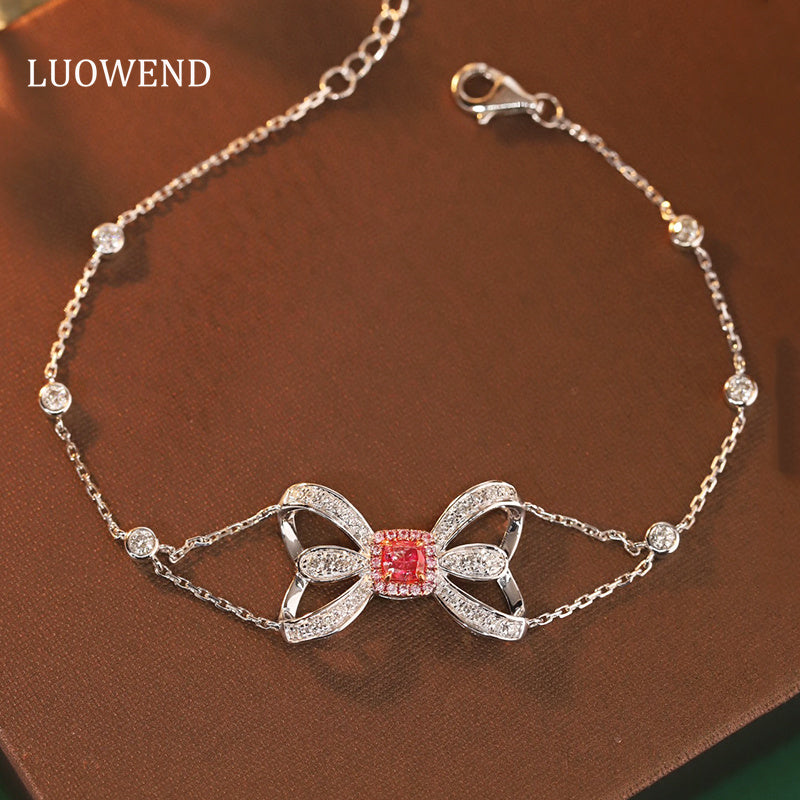 LUOWEND 18K White Gold Real Natural Pink Diamond Bracelet for Women