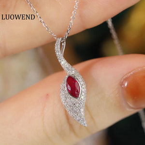 LUOWEND 18K White Gold Real Natural Ruby and Diamond Gemstone Necklace for Women