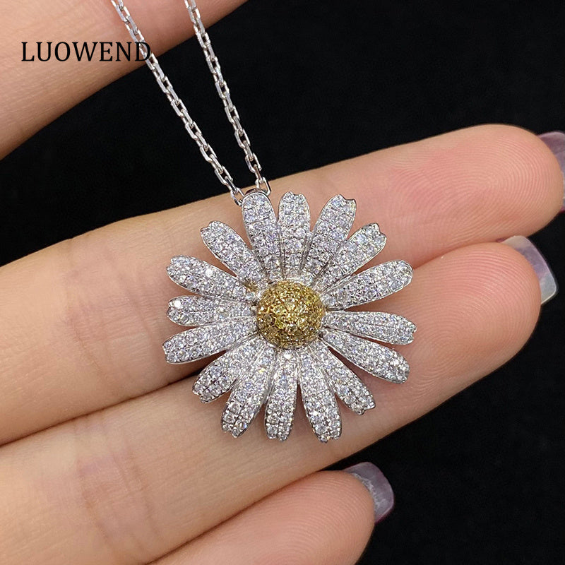 LUOWEND 18K White Gold Real Natural Yellow Diamond Necklace for Women