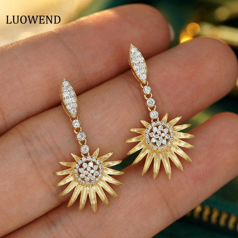 LUOWEND 18K Yellow Gold Real Natural Diamond Drop Earrings for Women