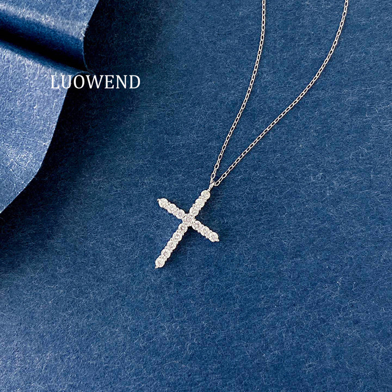 LUOWEND 18K White Gold Natural Diamond Pendant Necklace for Women