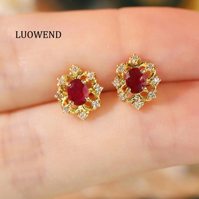 LUOWEND 18K Yellow Gold Real Natural Ruby and Diamond Gemstone Earrings for Women