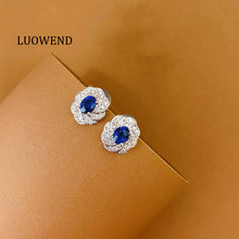 Load image into Gallery viewer, LUOWEND 18K White Gold Natural Diamond and Sapphire Earrings for Women
