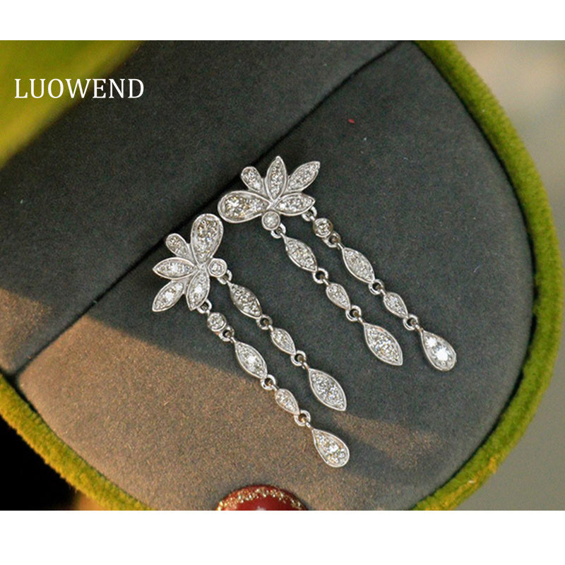 LUOWEND 18K White Gold Real Natural Diamond Drop Earrings for Women