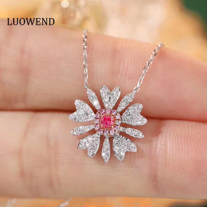 LUOWEND 18K White Gold Real Natural Pink Diamond Pendant Necklace for Women