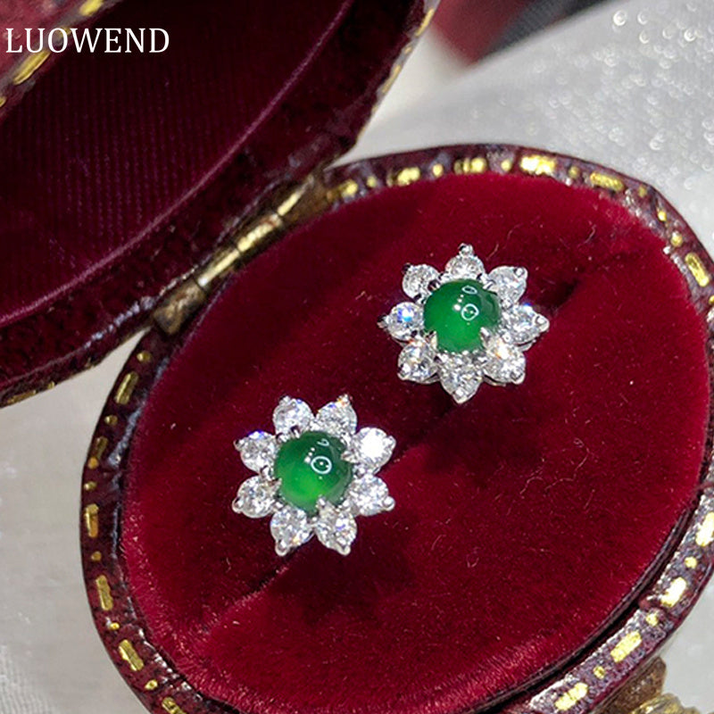 LUOWEND 18K White Gold Real Natural Jadeite and Diamond Stud Earrings for Women