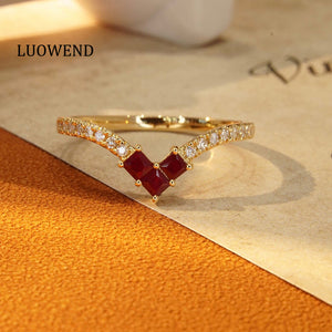 LUOWEND 18K Yellow Gold Real Natural Ruby Ring for Women