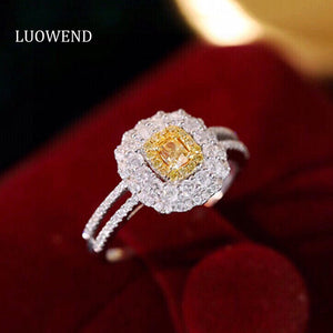 LUOWEND 18K White Gold Real Natural Yellow Diamond Ring for Women