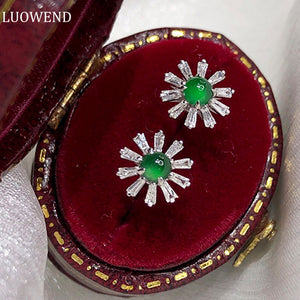 LUOWEND 18K White Gold Real Natural Jadeite and Diamond Stud Earrings for Women