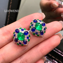 Load image into Gallery viewer, LUOWEND 18K White Gold Natural Emerald Earrings for Women
