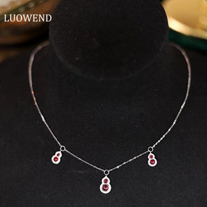 LUOWEND 18K White Gold Real Natural Ruby Shiny Diamond Gemstone Necklace for Women