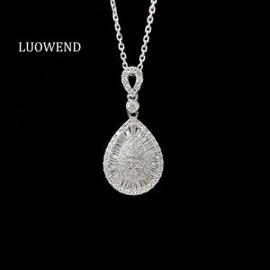 LUOWEND 18K White Gold Real Natural Diamond Pendant Necklace for Women