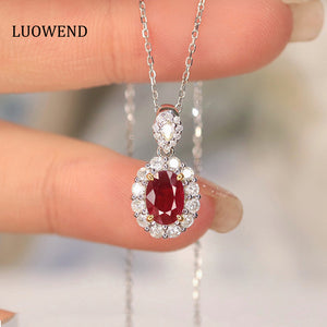 LUOWEND 18K White and Yellow Gold Real Natural Ruby and Diamond Gemstone Necklace for Women