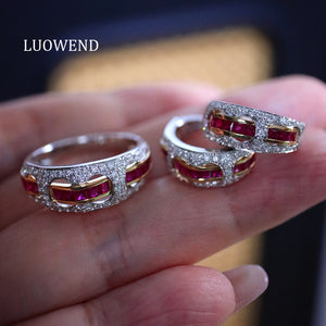 LUOWEND 18K White+Yellow Gold Natural Ruby Ring for Women