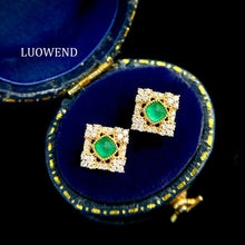 Load image into Gallery viewer, LUOWEND 18K Yellow Gold Real Natural Emerald and Diamond Gemstone Earrings for Women
